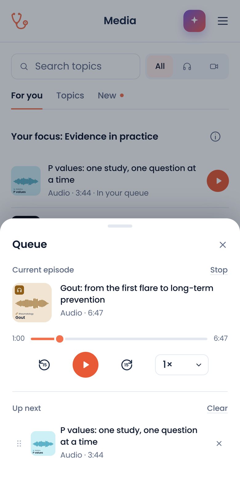 The Media page's player: Gout, from the first flare to long-term prevention, at 1:00 of 6:47, with P values up next.